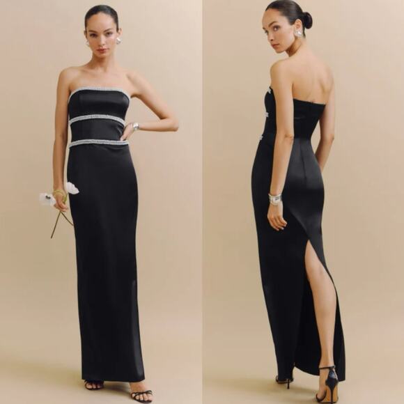 Reformation Araminta Dress Black Satin Slit Gown NWT